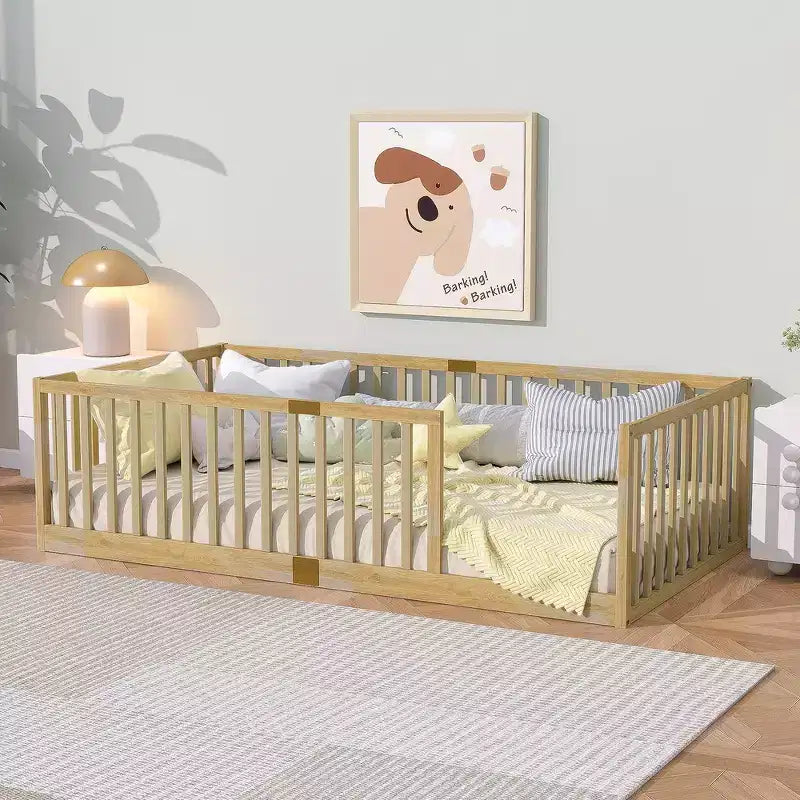 Whisen Twin Floor Bed & Bed Frame with High Fence Railings, 6 Slats Included, Safety Guardrails, without Door