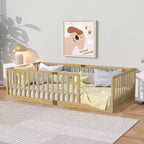 Whisen Twin Floor Bed & Bed Frame with High Fence Railings, 6 Slats Included, Safety Guardrails, without Door