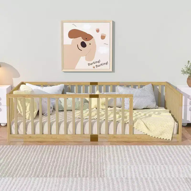 Whisen Twin Floor Bed & Bed Frame with High Fence Railings, 6 Slats Included, Safety Guardrails, without Door