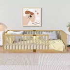 Whisen Twin Floor Bed & Bed Frame with High Fence Railings, 6 Slats Included, Safety Guardrails, without Door