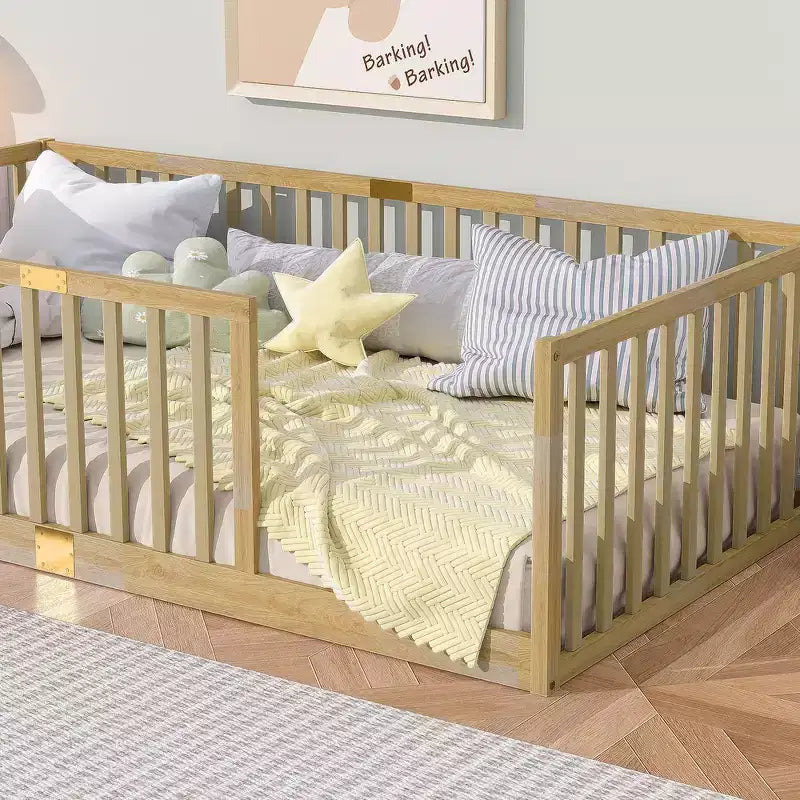 Whisen Twin Floor Bed & Bed Frame with High Fence Railings, 6 Slats Included, Safety Guardrails, without Door
