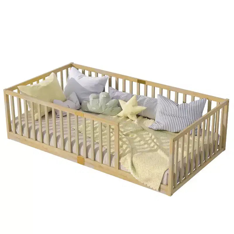 Whisen Twin Floor Bed & Bed Frame with High Fence Railings, 6 Slats Included, Safety Guardrails, without Door
