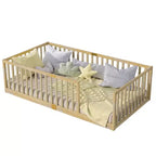 Whisen Twin Floor Bed & Bed Frame with High Fence Railings, 6 Slats Included, Safety Guardrails, without Door