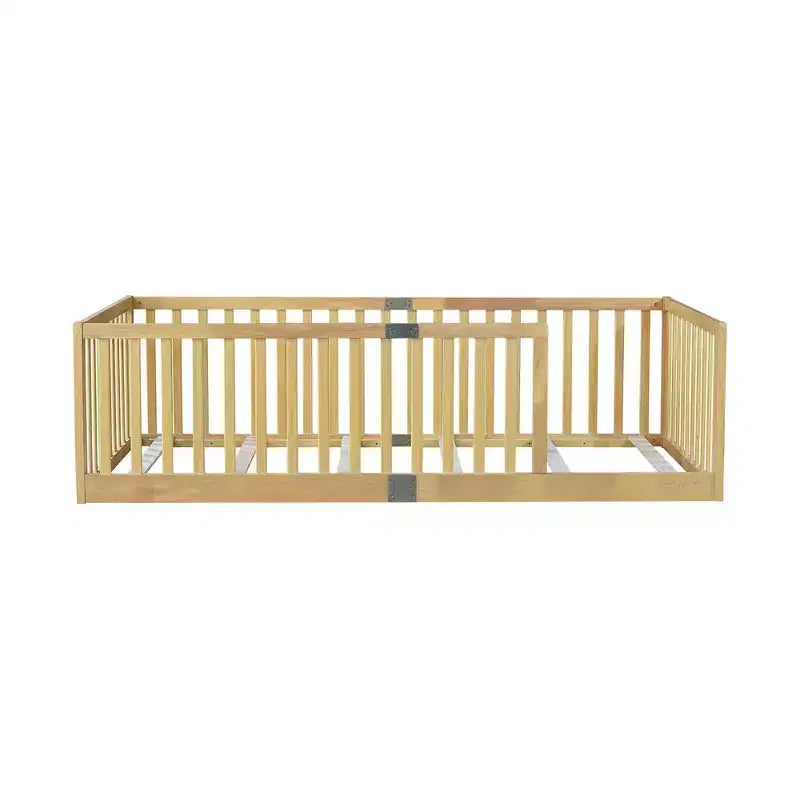 Whisen Twin Floor Bed & Bed Frame with High Fence Railings, 6 Slats Included, Safety Guardrails, without Door