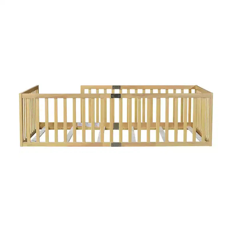 Whisen Twin Floor Bed & Bed Frame with High Fence Railings, 6 Slats Included, Safety Guardrails, without Door