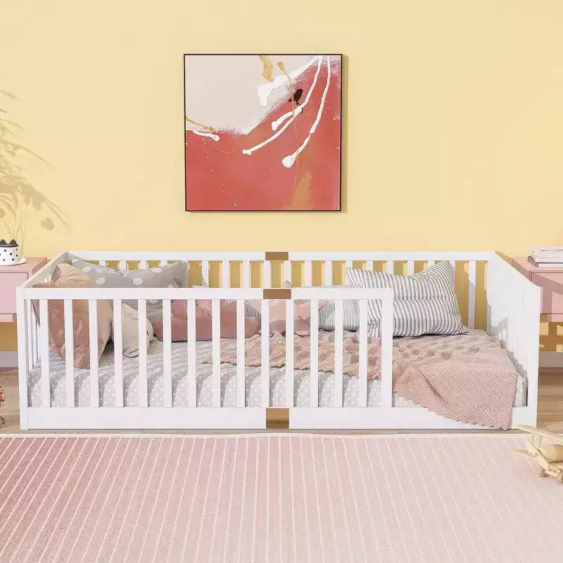 Whisen Twin Floor Bed & Bed Frame with High Fence Railings, 6 Slats Included, Safety Guardrails, without Door
