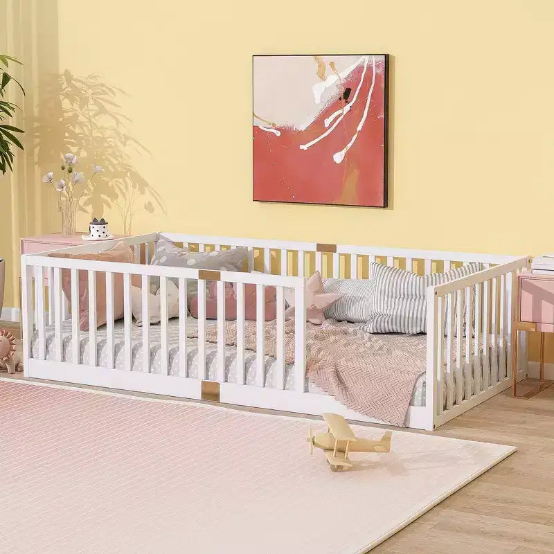 Whisen Twin Floor Bed & Bed Frame with High Fence Railings, 6 Slats Included, Safety Guardrails, without Door