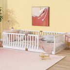 Whisen Twin Floor Bed & Bed Frame with High Fence Railings, 6 Slats Included, Safety Guardrails, without Door