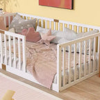 Whisen Twin Floor Bed & Bed Frame with High Fence Railings, 6 Slats Included, Safety Guardrails, without Door