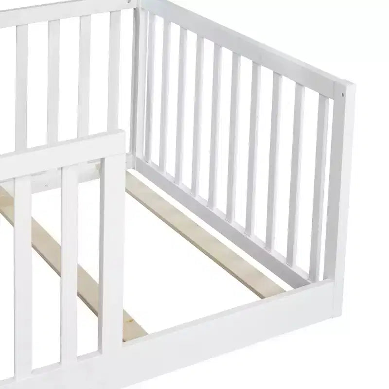 Whisen Twin Floor Bed & Bed Frame with High Fence Railings, 6 Slats Included, Safety Guardrails, without Door