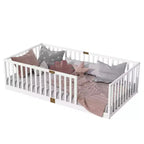 Whisen Twin Floor Bed & Bed Frame with High Fence Railings, 6 Slats Included, Safety Guardrails, without Door