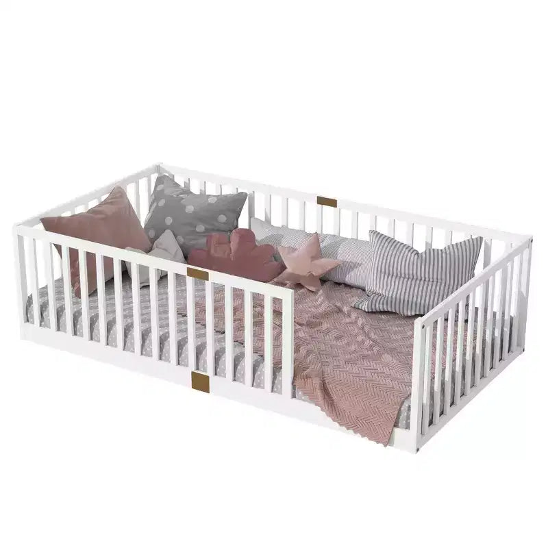 Whisen Twin Floor Bed & Bed Frame with High Fence Railings, 6 Slats Included, Safety Guardrails, without Door