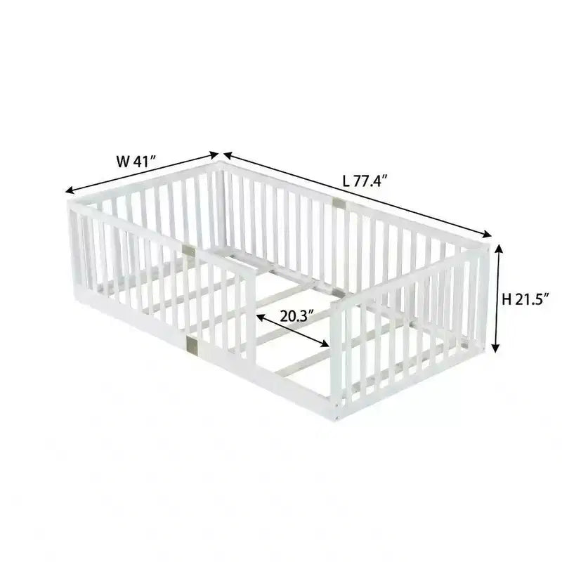 Whisen Twin Floor Bed & Bed Frame with High Fence Railings, 6 Slats Included, Safety Guardrails, without Door