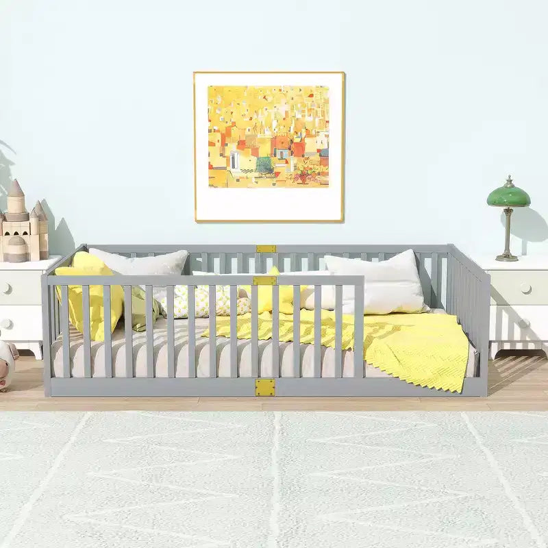 Whisen Twin Floor Bed & Bed Frame with High Fence Railings, 6 Slats Included, Safety Guardrails, without Door