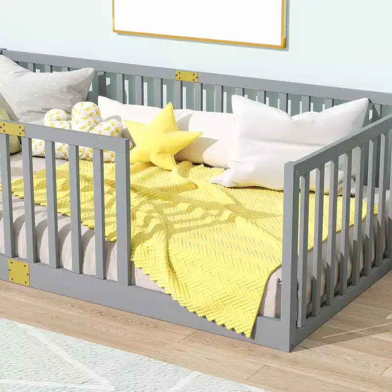 Whisen Twin Floor Bed & Bed Frame with High Fence Railings, 6 Slats Included, Safety Guardrails, without Door