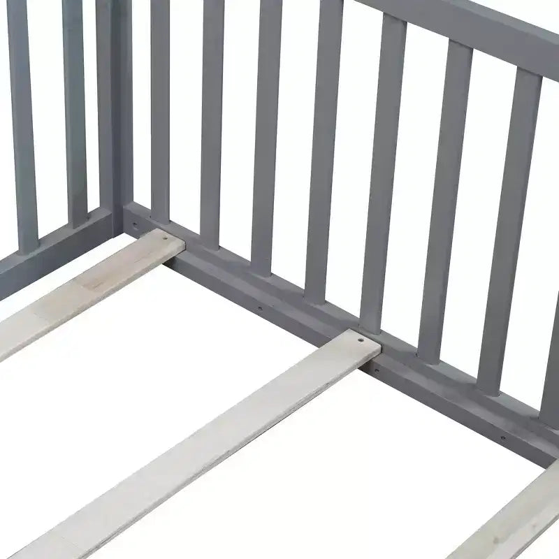 Whisen Twin Floor Bed & Bed Frame with High Fence Railings, 6 Slats Included, Safety Guardrails, without Door
