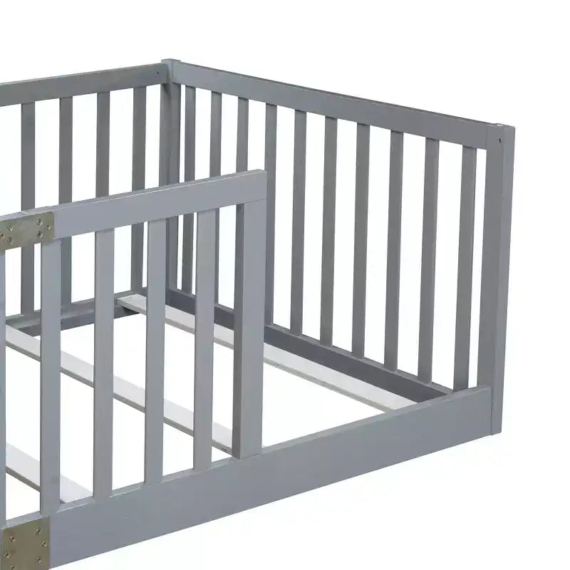 Whisen Twin Floor Bed & Bed Frame with High Fence Railings, 6 Slats Included, Safety Guardrails, without Door