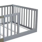 Whisen Twin Floor Bed & Bed Frame with High Fence Railings, 6 Slats Included, Safety Guardrails, without Door