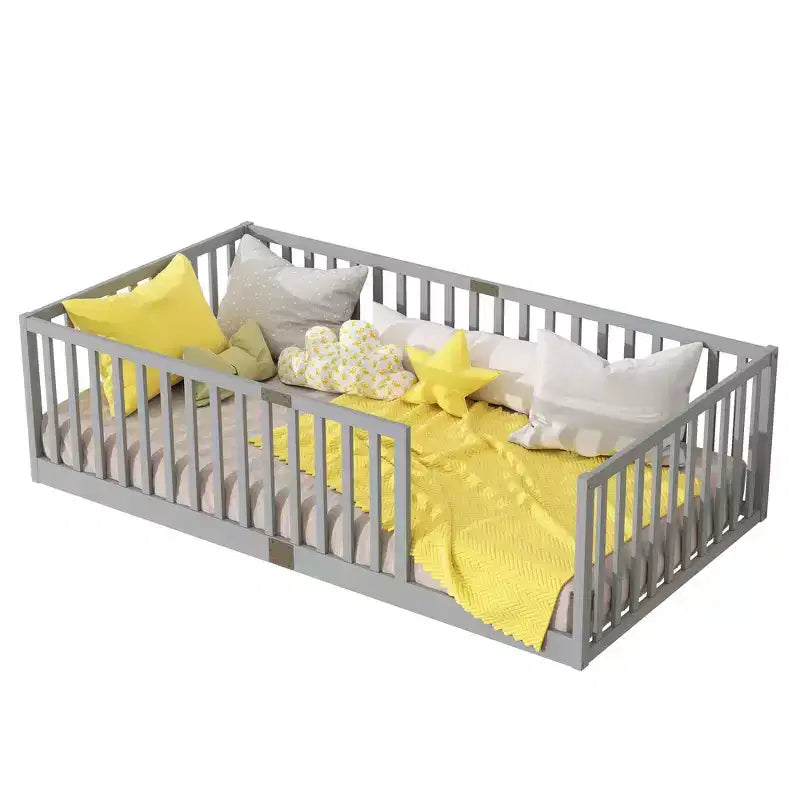 Whisen Twin Floor Bed & Bed Frame with High Fence Railings, 6 Slats Included, Safety Guardrails, without Door