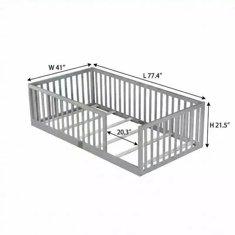 Whisen Twin Floor Bed & Bed Frame with High Fence Railings, 6 Slats Included, Safety Guardrails, without Door