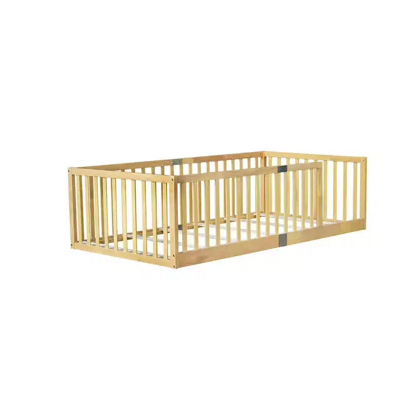 Whisen Twin Floor Bed & Bed Frame with High Fence Railings, 6 Slats Included, Safety Guardrails, without Door