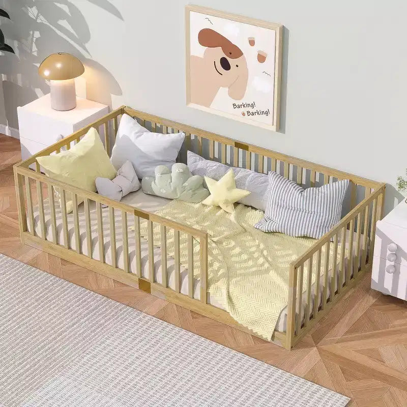 Whisen Twin Floor Bed & Bed Frame with High Fence Railings, 6 Slats Included, Safety Guardrails, without Door