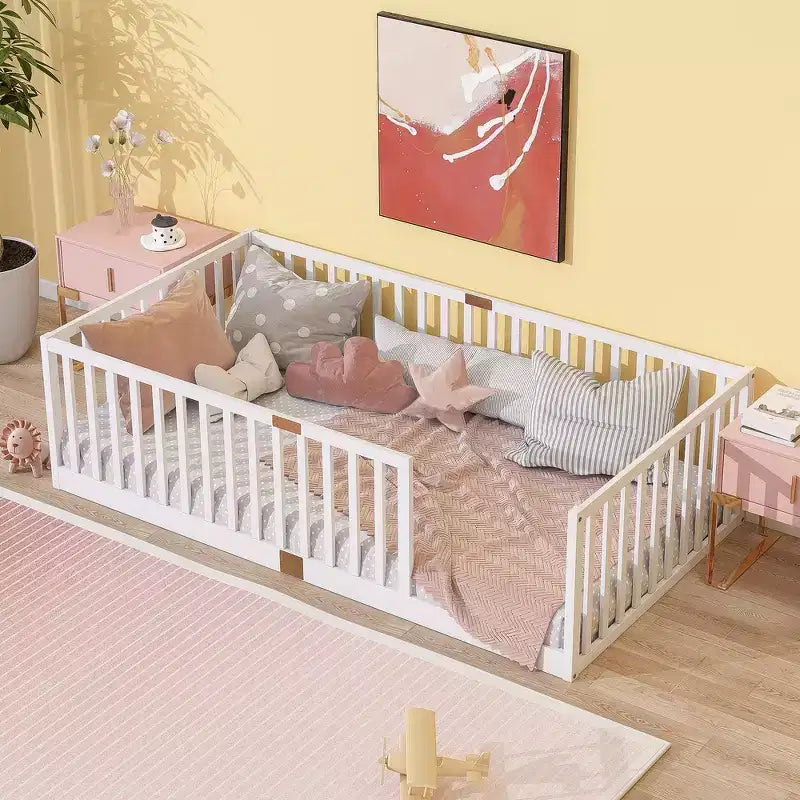 Whisen Twin Floor Bed & Bed Frame with High Fence Railings, 6 Slats Included, Safety Guardrails, without Door