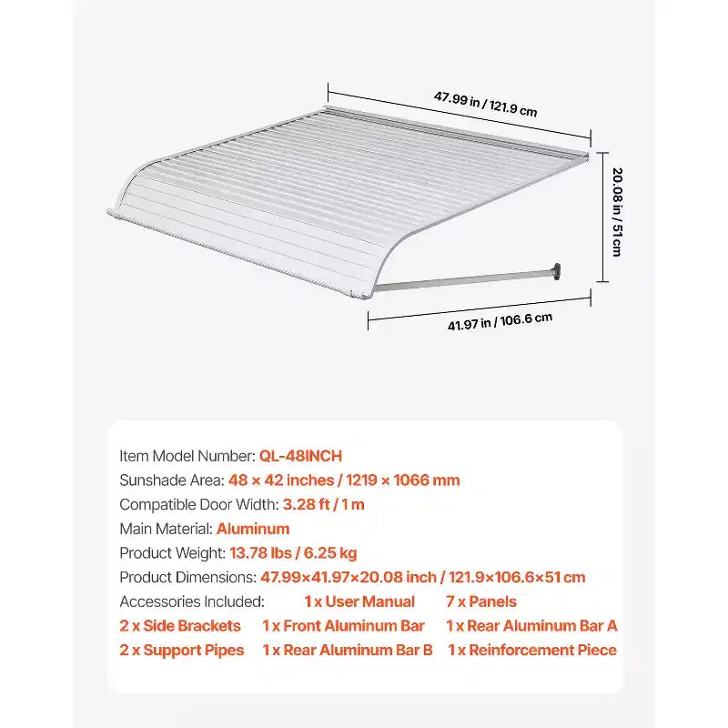VEVOR Aluminum Awning 48 x 42 in, Durable Window Awning Door Canopy, Lightweight and Stable Aluminum Exterior Awnings, White