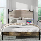 Queen/King Size Platform Bed with Upholstered Headboard, Wood Platform Bed Frame with Charging Station and LED Lights, Industrial Brown