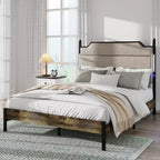 Queen/King Size Platform Bed with Upholstered Headboard, Wood Platform Bed Frame with Charging Station and LED Lights, Industrial Brown