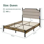 Queen/King Size Platform Bed with Upholstered Headboard, Wood Platform Bed Frame with Charging Station and LED Lights, Industrial Brown