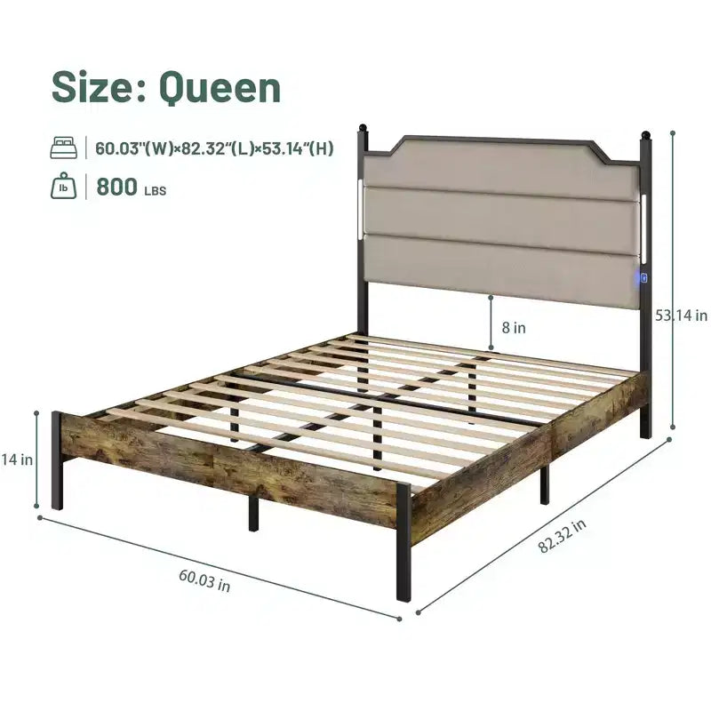 Queen/King Size Platform Bed with Upholstered Headboard, Wood Platform Bed Frame with Charging Station and LED Lights, Industrial Brown