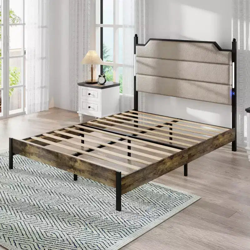 Queen/King Size Platform Bed with Upholstered Headboard, Wood Platform Bed Frame with Charging Station and LED Lights, Industrial Brown