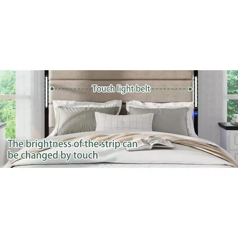 Queen/King Size Platform Bed with Upholstered Headboard, Wood Platform Bed Frame with Charging Station and LED Lights, Industrial Brown