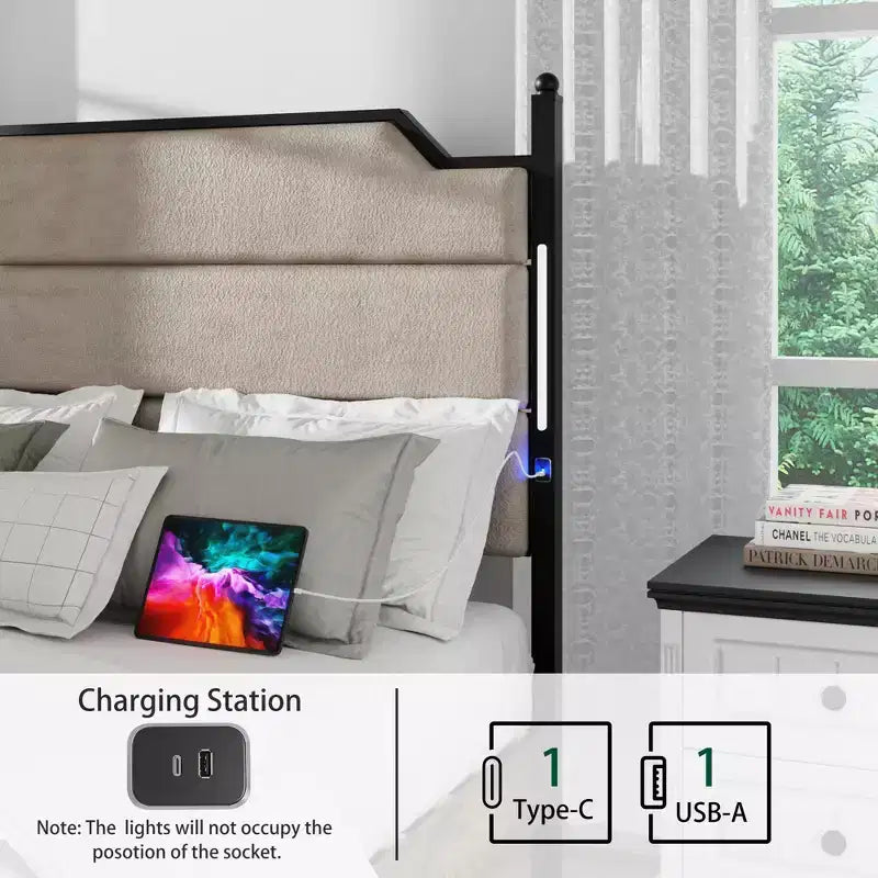 Queen/King Size Platform Bed with Upholstered Headboard, Wood Platform Bed Frame with Charging Station and LED Lights, Industrial Brown