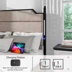 Queen/King Size Platform Bed with Upholstered Headboard, Wood Platform Bed Frame with Charging Station and LED Lights, Industrial Brown