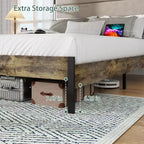 Queen/King Size Platform Bed with Upholstered Headboard, Wood Platform Bed Frame with Charging Station and LED Lights, Industrial Brown