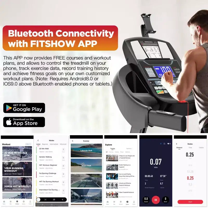 Foldable Treadmill 4.75HP Quiet Motor 20-Level Auto Incline Bluetooth App 71Programs Shock Absorbing Deck 300 LBS Capacity Home Use
