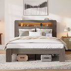 Full/Queen/King Size Platform Bed with LED Storage Headboard, Wood Platform Bed Frame with 2 USB, Large Under Bed Storage