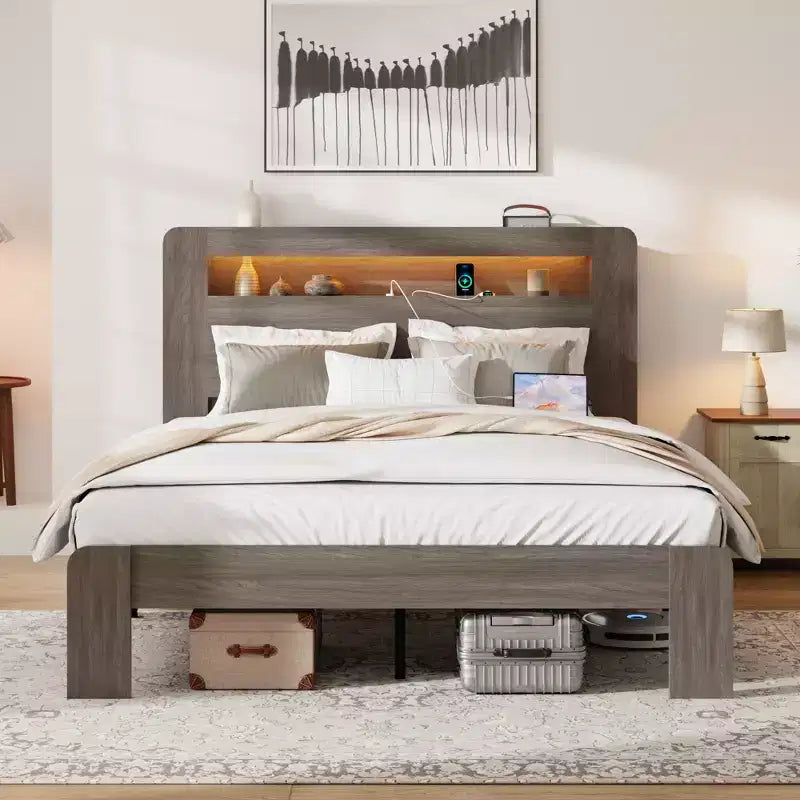 Full/Queen/King Size Platform Bed with LED Storage Headboard, Wood Platform Bed Frame with 2 USB, Large Under Bed Storage