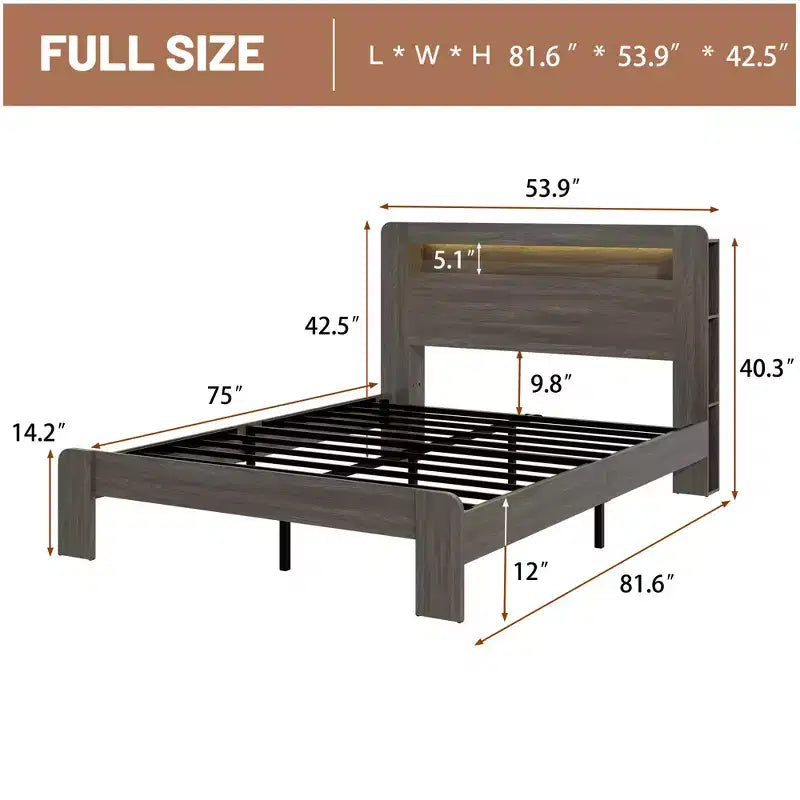 Full/Queen/King Size Platform Bed with LED Storage Headboard, Wood Platform Bed Frame with 2 USB, Large Under Bed Storage
