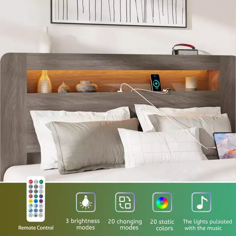 Full/Queen/King Size Platform Bed with LED Storage Headboard, Wood Platform Bed Frame with 2 USB, Large Under Bed Storage