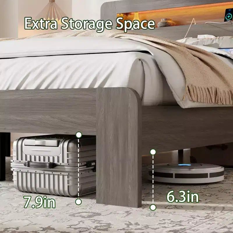 Full/Queen/King Size Platform Bed with LED Storage Headboard, Wood Platform Bed Frame with 2 USB, Large Under Bed Storage