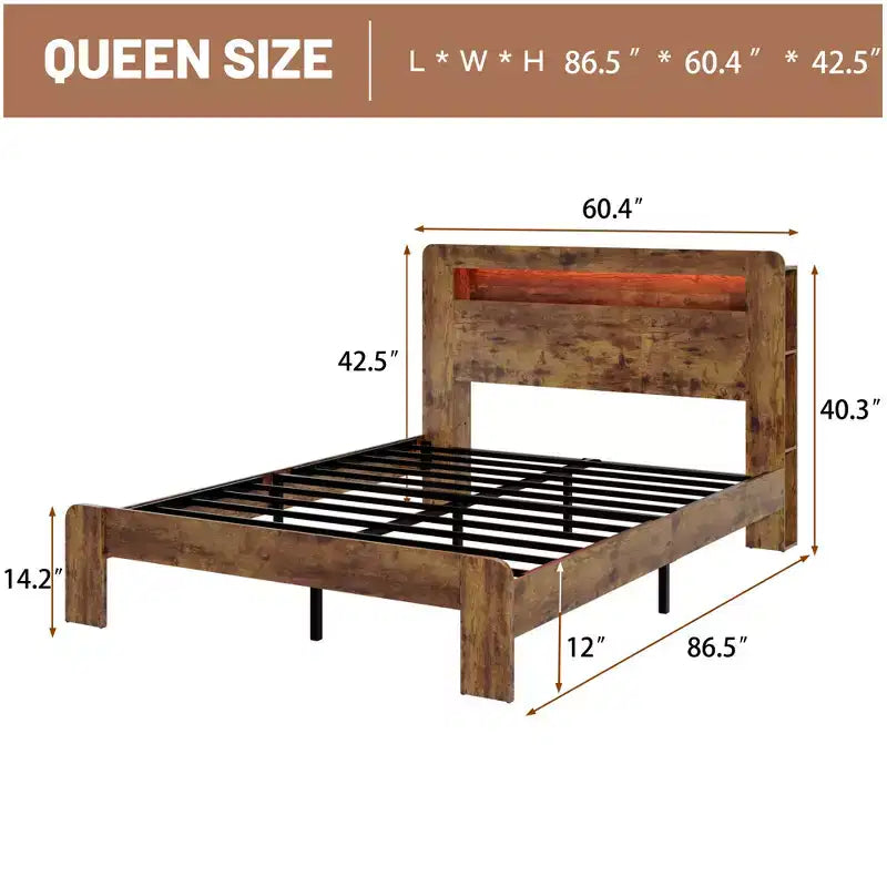 Full/Queen/King Size Platform Bed with LED Storage Headboard, Wood Platform Bed Frame with 2 USB, Large Under Bed Storage