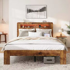 Full/Queen/King Size Platform Bed with LED Storage Headboard, Wood Platform Bed Frame with 2 USB, Large Under Bed Storage