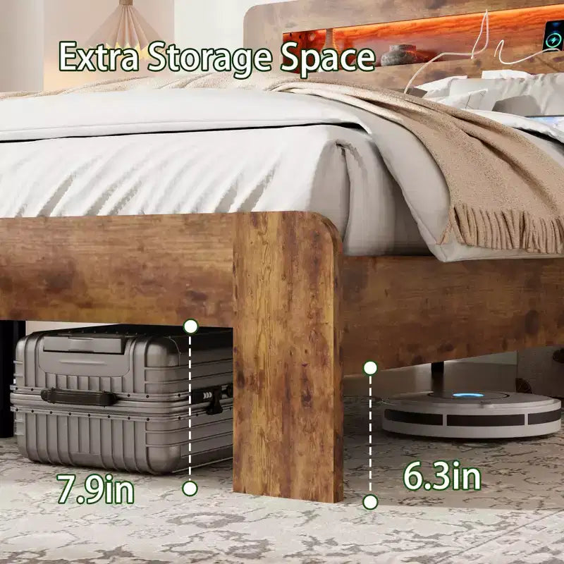 Full/Queen/King Size Platform Bed with LED Storage Headboard, Wood Platform Bed Frame with 2 USB, Large Under Bed Storage