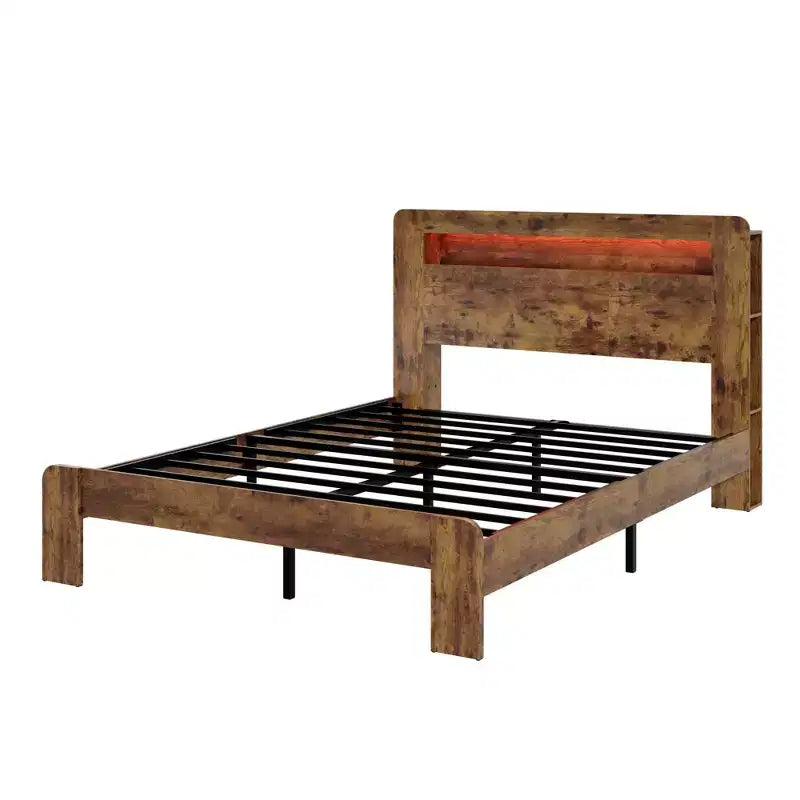 Full/Queen/King Size Platform Bed with LED Storage Headboard, Wood Platform Bed Frame with 2 USB, Large Under Bed Storage