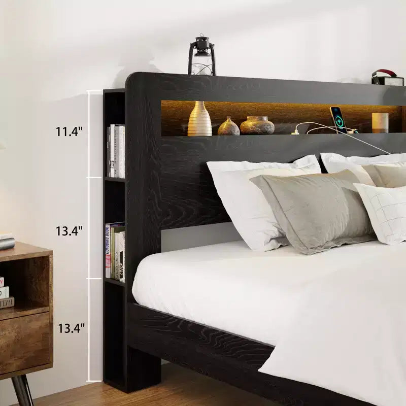 Full/Queen/King Size Platform Bed with LED Storage Headboard, Wood Platform Bed Frame with 2 USB, Large Under Bed Storage