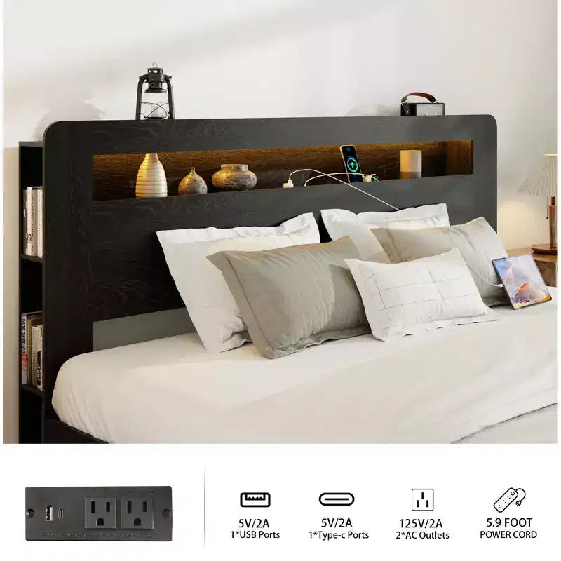 Full/Queen/King Size Platform Bed with LED Storage Headboard, Wood Platform Bed Frame with 2 USB, Large Under Bed Storage