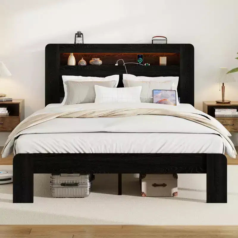 Full/Queen/King Size Platform Bed with LED Storage Headboard, Wood Platform Bed Frame with 2 USB, Large Under Bed Storage